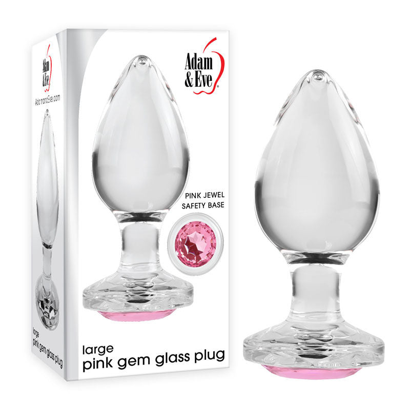 Adam & eve - pink gem glass anal plug, large, Product front view and box front view | Flirtybay.com.au